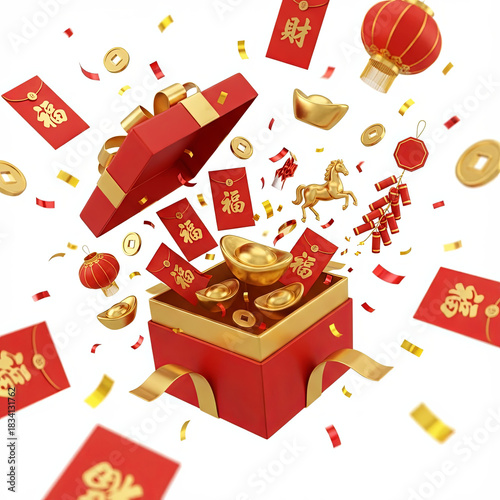 Red Gift Box Celebration: An open red gift box overflowing with festive treasures, gold ingots, coins, and red envelopes, symbolizing wealth, luck, and prosperity in celebration.