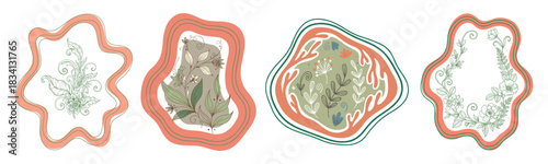 Set of decorative floral frames with wavy borders in earthy tones