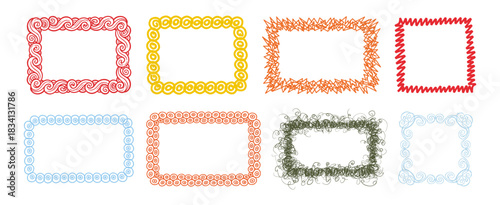 Set of ornate decorative frames with swirls, circles, and scribbles in various colors