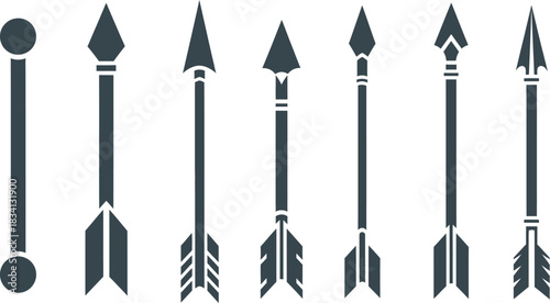 Set of six stylized arrows in a row on a white background