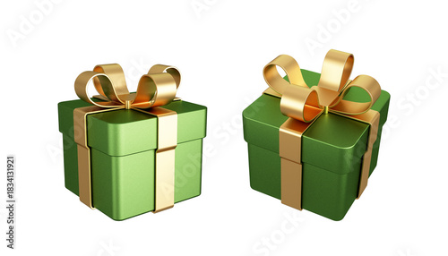christmas green gift box with golden ribbon isolated on white