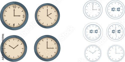 Analog wall clock faces vector illustration set displaying different times with classic round design and outline icons