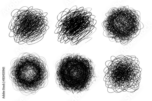 Set of hand-drawn scribble circles with chaotic line art texture