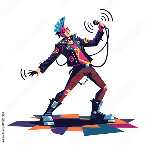 Vibrant punk rock singer with mohawk singing into a microphone