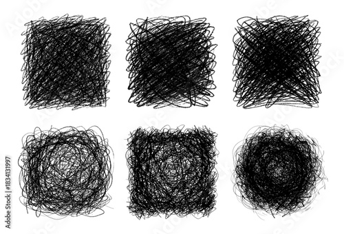 Set of hand-drawn scribble squares and circles with chaotic line art