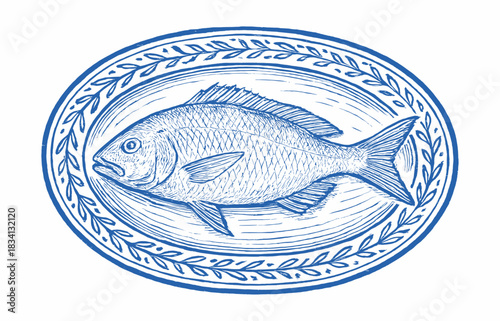 Blue line art illustration of a whole fish in an oval frame with laurel wreath border