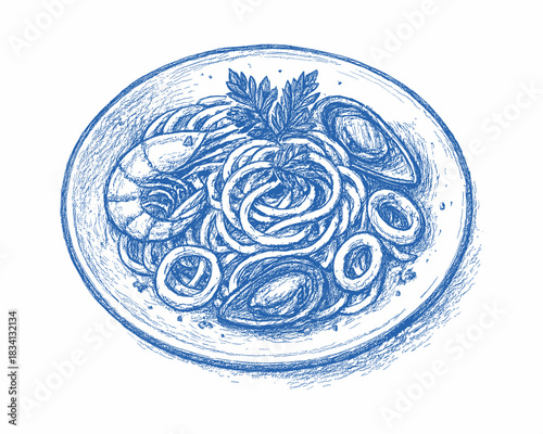 Blue line art illustration of a bowl of spaghetti with seafood and herbs