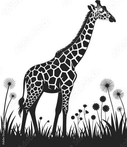 Elegant Giraffe Silhouette with Dandelion Flora - A Striking Vector Illustration