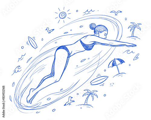 Blue line art illustration of a woman surfing on a wave at the beach