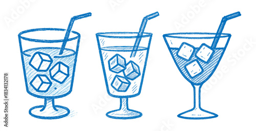Set of blue line art glasses with ice cubes and straws for cocktails or water