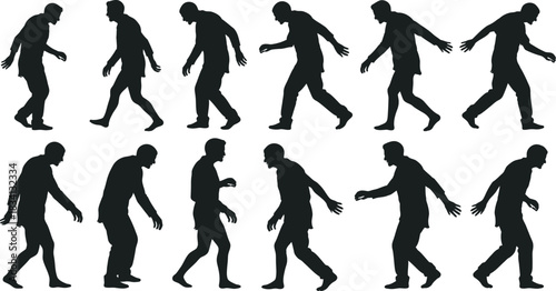 Vector silhouettes of walking people in various dynamic poses and movement stages