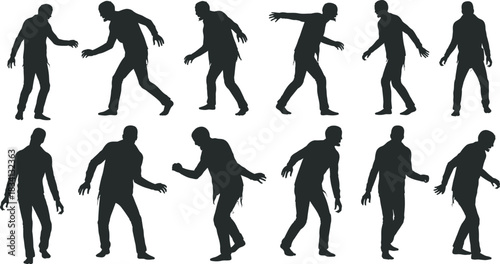 collection of twelve moving silhouette figures in dark tones