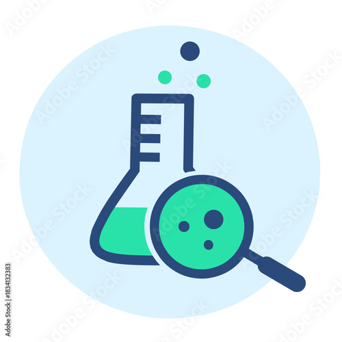 A clean flat illustration of a laboratory flask with bubbles and a magnifying glass inside a circular light blue background, perfect for educational content