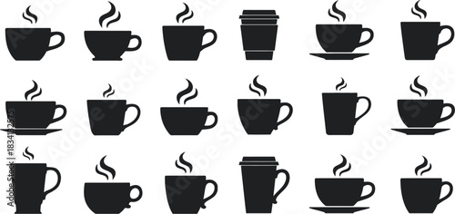Collection of Various Black Silhouette Coffee Cups with Steam