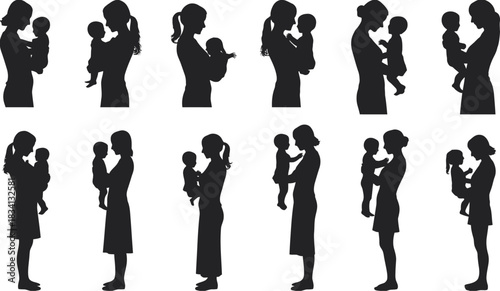 Black Silhouettes of Mothers Cradling Infants, Symbolizing Maternal Love and Nurturing