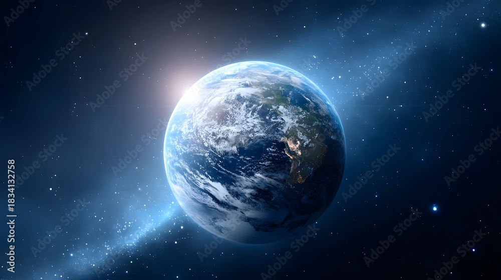 Obraz premium A stunning perspective of our blue planet Earth viewed from outer space The sun s radiant light creates a bright horizon while countless stars and a faint galactic swirl add to the cosmic spectacle