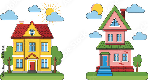 Colorful suburban houses vector illustration set with sunny sky clouds and stylized residential home exteriors