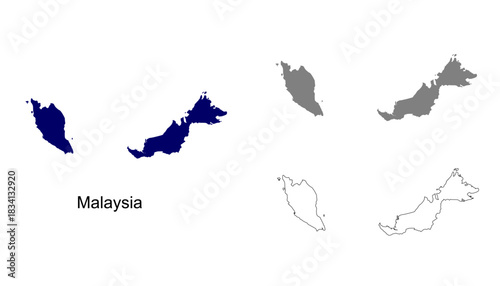 Malaysia map set. Malaysia map vector. Malaysia map on blue silhouette, gray, and outline