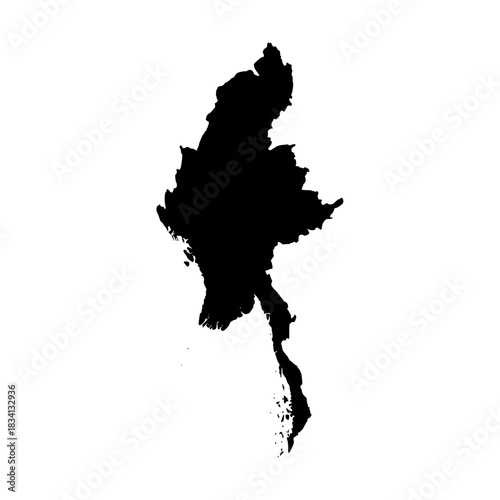Myanmar silhouette map. Myanmar map vector. Myanmar map on white background