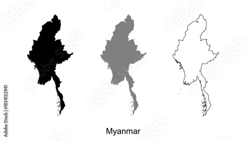Myanmar map set. Myanmar map vector. Myanmar map on silhouette, gray, and outline