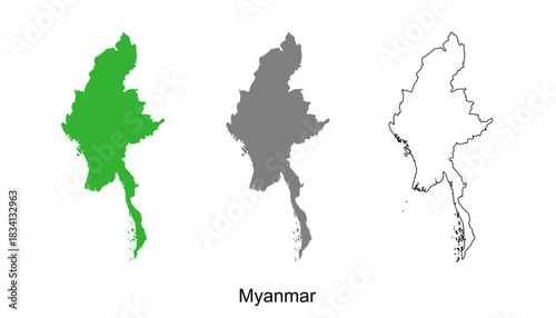 Myanmar map set. Myanmar map vector. Myanmar map on green, gray, and outline