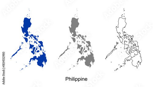 Philippine map set. Philippine map vector. Philippine map on blue silhouette, gray, and outline