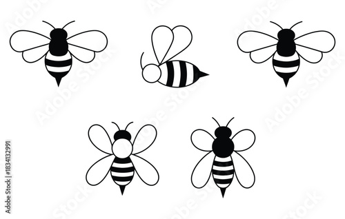 Cheerful honeybees flying around in a simple black and white design perfect for cute backgrounds or whimsical patterns, appealing to nature lovers and design enthusiasts alike