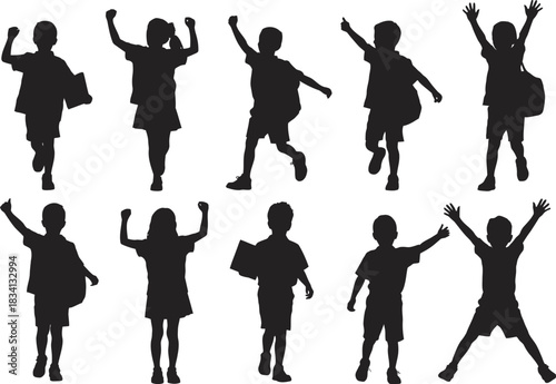Joyful Children Silhouettes Diverse Poses of Active Kids in Black and White