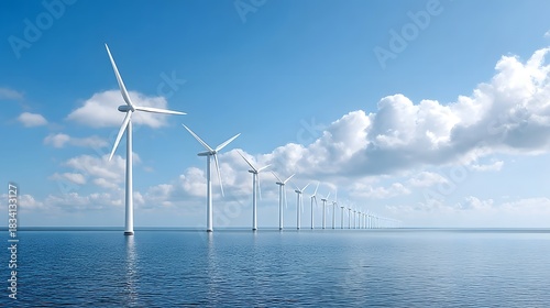 Series of modern offshore wind turbines generating renewable energy in a tranquil blue ocean with a clear sky and puffy white clouds stretching to the horizon