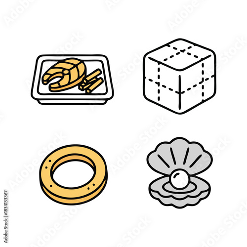 Set of Line Icons: Seafood, Parcel, Ring, and Pearl – Commerce & Value
