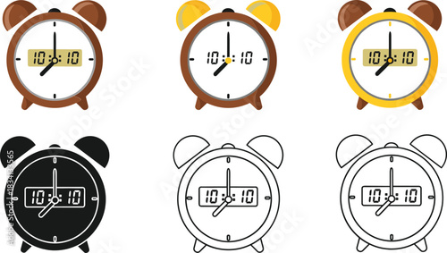 Cute alarm clock vector illustration set showing digital time display in colorful cartoon and outline style designs