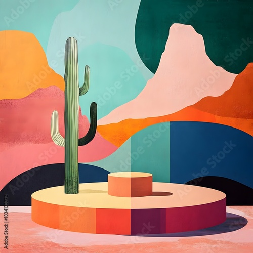 Vibrant Abstract Desert Scene with Cactus and Pedestal landscape photo