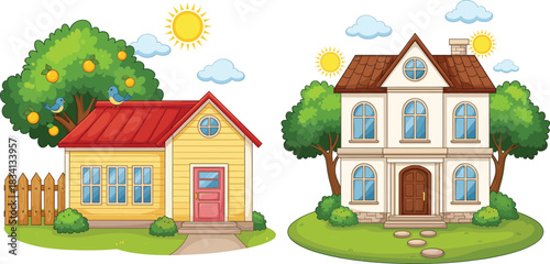 Cute family houses vector illustration set with garden trees sunny weather and colorful residential home exteriors