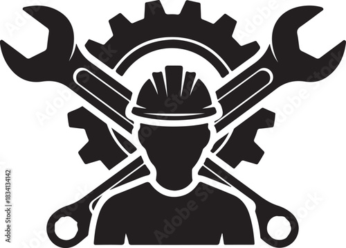Construction worker icon with gears and wrenches silhouette hard hat
