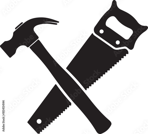 Crossed Hammer and Hand Saw Silhouette Symbolizing Construction Work crossed tools