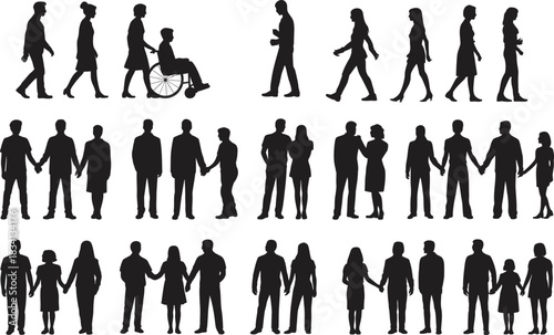 A diverse collection of black silhouette figures of people walking