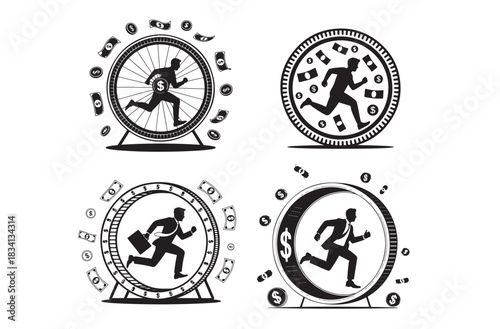 Man running in hamster wheel shaped like a coin, money and endless work cycle