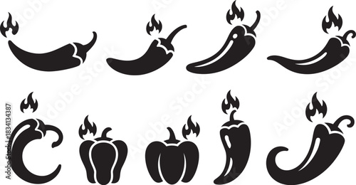A set of black silhouette illustrations of flaming hot chili peppers