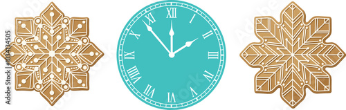 Elegant clock with decorative snowflake ornaments vector illustration set representing winter time concept and classic design