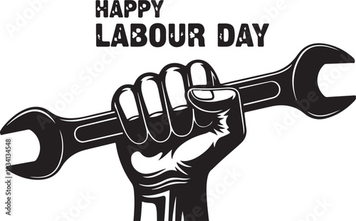 Fist holding a wrench with Happy Labour Day text hand spanner