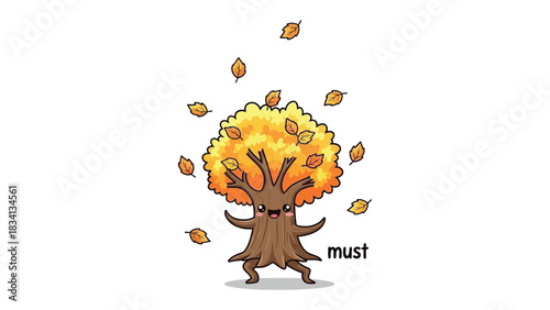 Animated Autumnal Awakening: A whimsical cartoon tree, joyfully shedding its leaves as autumn arrives. The illustration captures the essence of the season with a playful and lighthearted spirit.