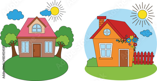 Cute suburban houses vector illustration set with sunny weather gardens trees and colorful residential exteriors