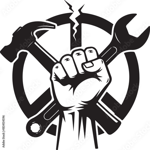 Fist Holding Hammer and Wrench within Broken Peace Symbol hand tool