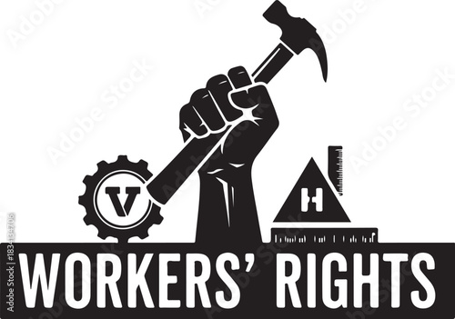 Fist Holding Hammer with Workers Rights Text and Symbols Keywords: workers rights, fist, hammer