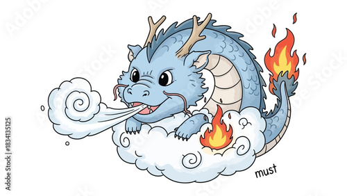 Mythical Dragon's Breath: A whimsical illustration depicts a friendly dragon, exhaling a puff of frosty breath while perched on a cloud, symbolizing power and the marvels of imagination.