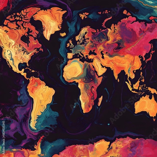 Vibrant Abstract World Map with Swirling Colors and Dark Background image photo
