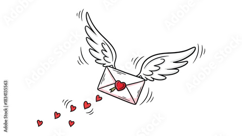 Love Letter with Wings: A charming illustration depicts a love letter soaring through the air, its wings carrying a cascade of hearts, symbolizing affection and the spread of love.