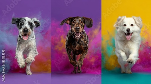 Three dogs running in a photo with a purple background. The dogs are of different colors and breeds