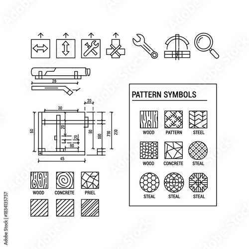 Engineering and Architectural CAD Elements: Technical Drawing Symbols, Dimensioned Plans, and Material Pattern Textures