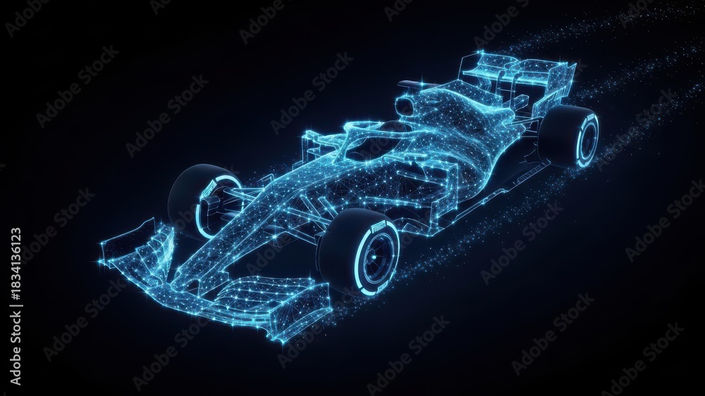 Fototapeta premium Blue Wireframe Formula Race Car Dark with Motion Effect sports car automobile